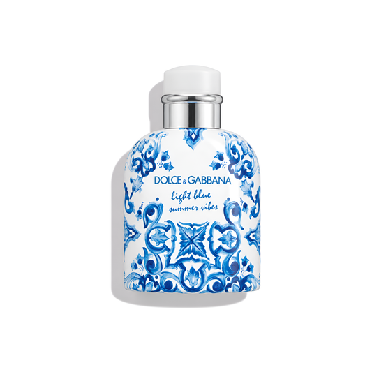 Bottle of D&G Light Blue Pour Homme Summer Vibes EDT fragrance on a white background with soft shadow