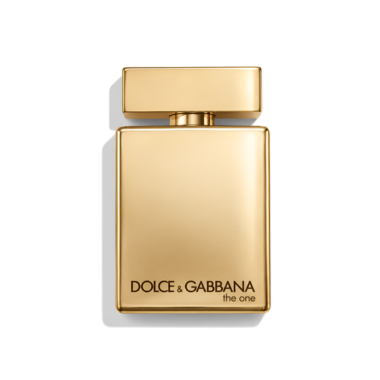 Bottle of D&G The One Gold EDP fragrance on a white background with soft shadow