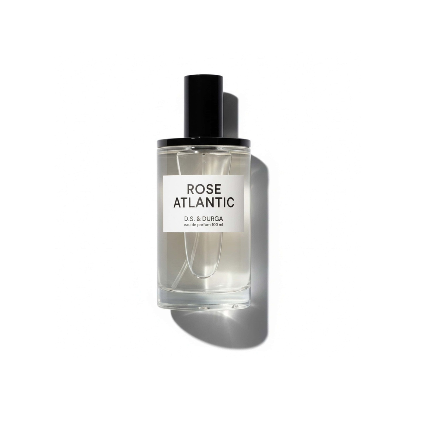 Bottle of D.S.&Durga Rose Atlantic EDP fragrance on a white background with soft shadow