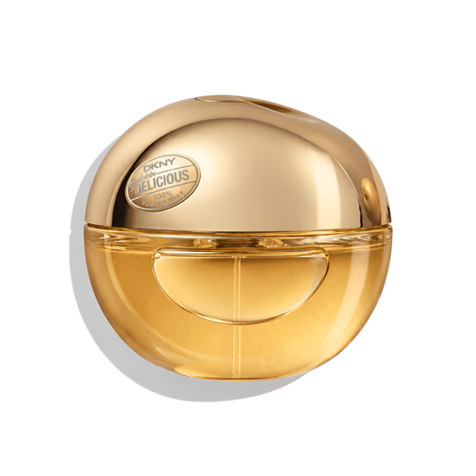 Bottle of DKNY Golden Delicious EDP fragrance on a white background with soft shadow