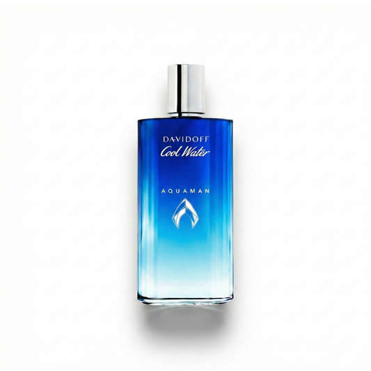 Bottle of Davidoff Cool Water Aquaman Collectors EDT fragrance on a white background with soft shadow