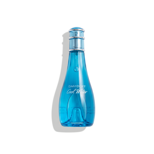 Bottle of Davidoff Cool Water For Her EDT fragrance on a white background with soft shadow