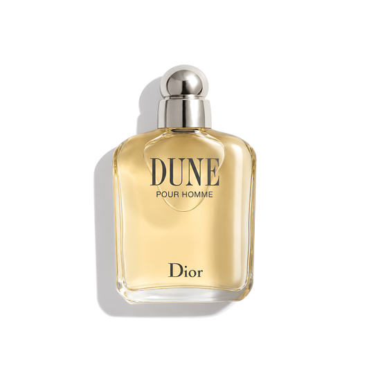 Bottle of Dior Dune Pour Homme EDT fragrance on a white background with soft shadow