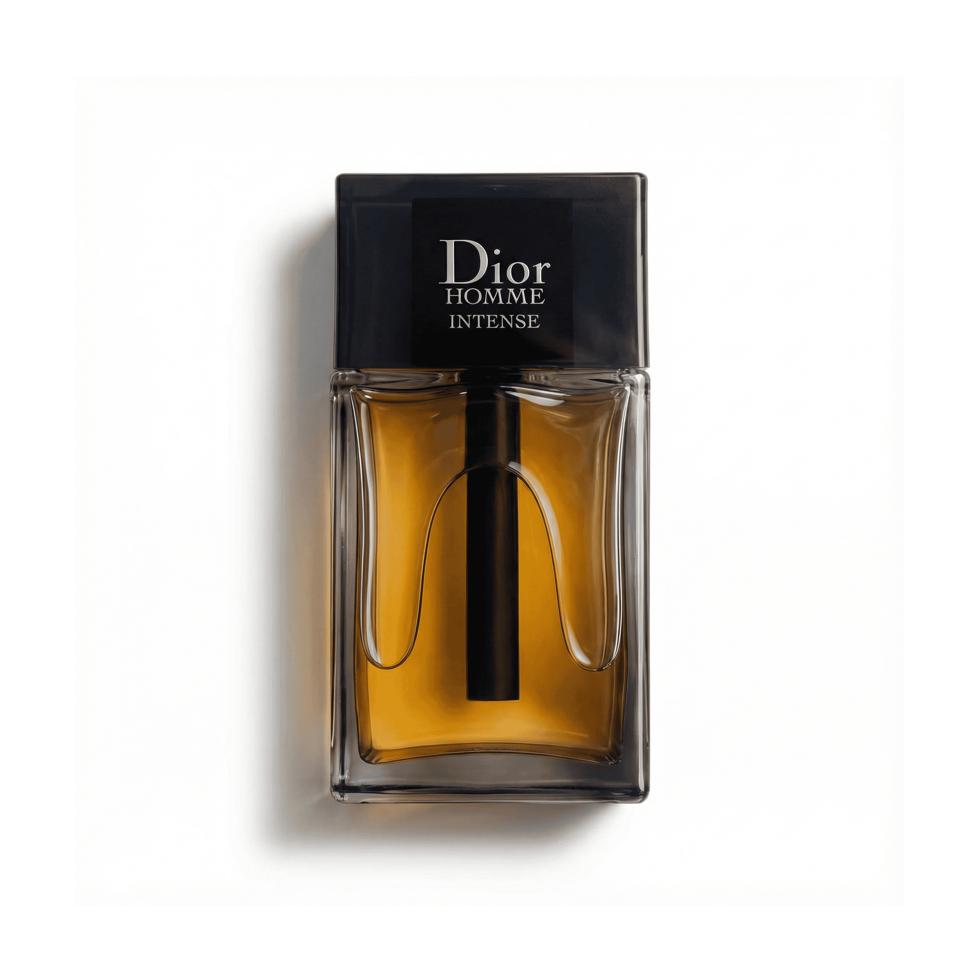 Bottle of Dior Homme Intense EDP fragrance on a white background with soft shadow