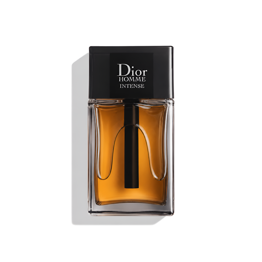 Bottle of Dior Homme Intense EDP fragrance on a white background with soft shadow