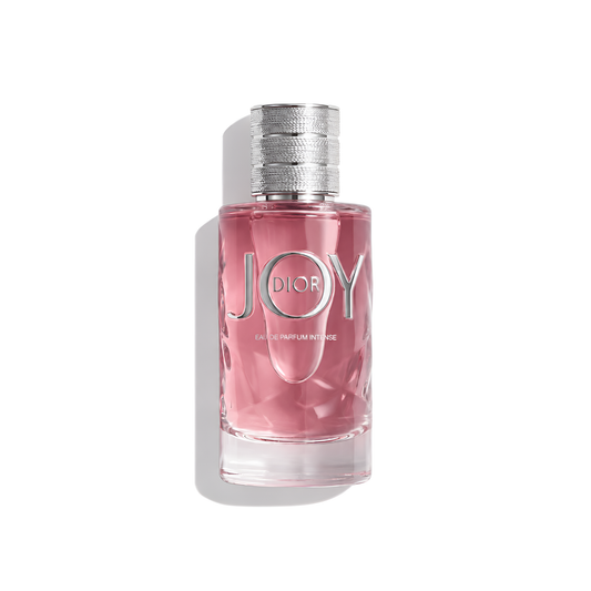 Bottle of Dior JOY Intense EDP fragrance on a white background with soft shadow