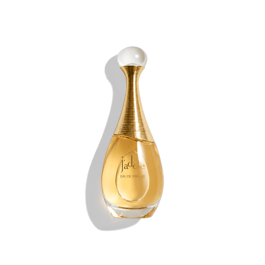 Bottle of Dior J’adore Eau de Parfum fragrance on a white background with soft shadow
