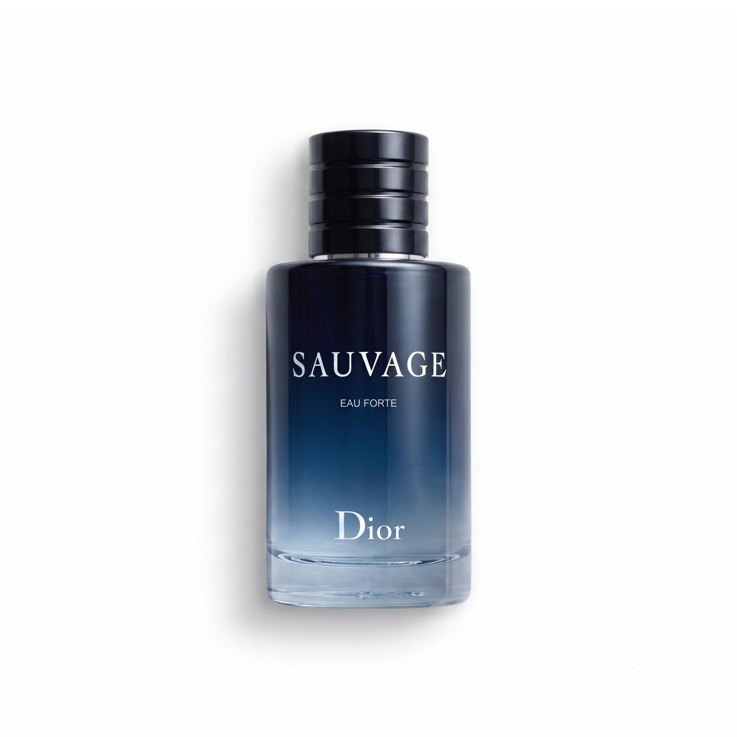 Bottle of Dior Sauvage Eau Forte Parfum fragrance on a white background with soft shadow
