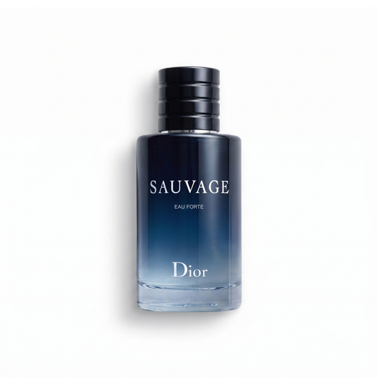 Bottle of Dior Sauvage Eau Forte Parfum fragrance on a white background with soft shadow