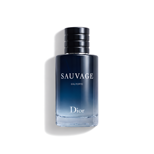 Bottle of Dior Sauvage Eau Forte Parfum fragrance on a white background with soft shadow