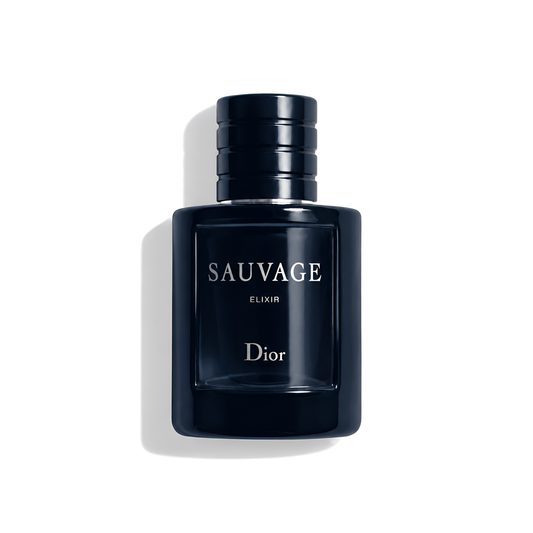 Bottle of Dior Sauvage Elixir fragrance on a white background with soft shadow