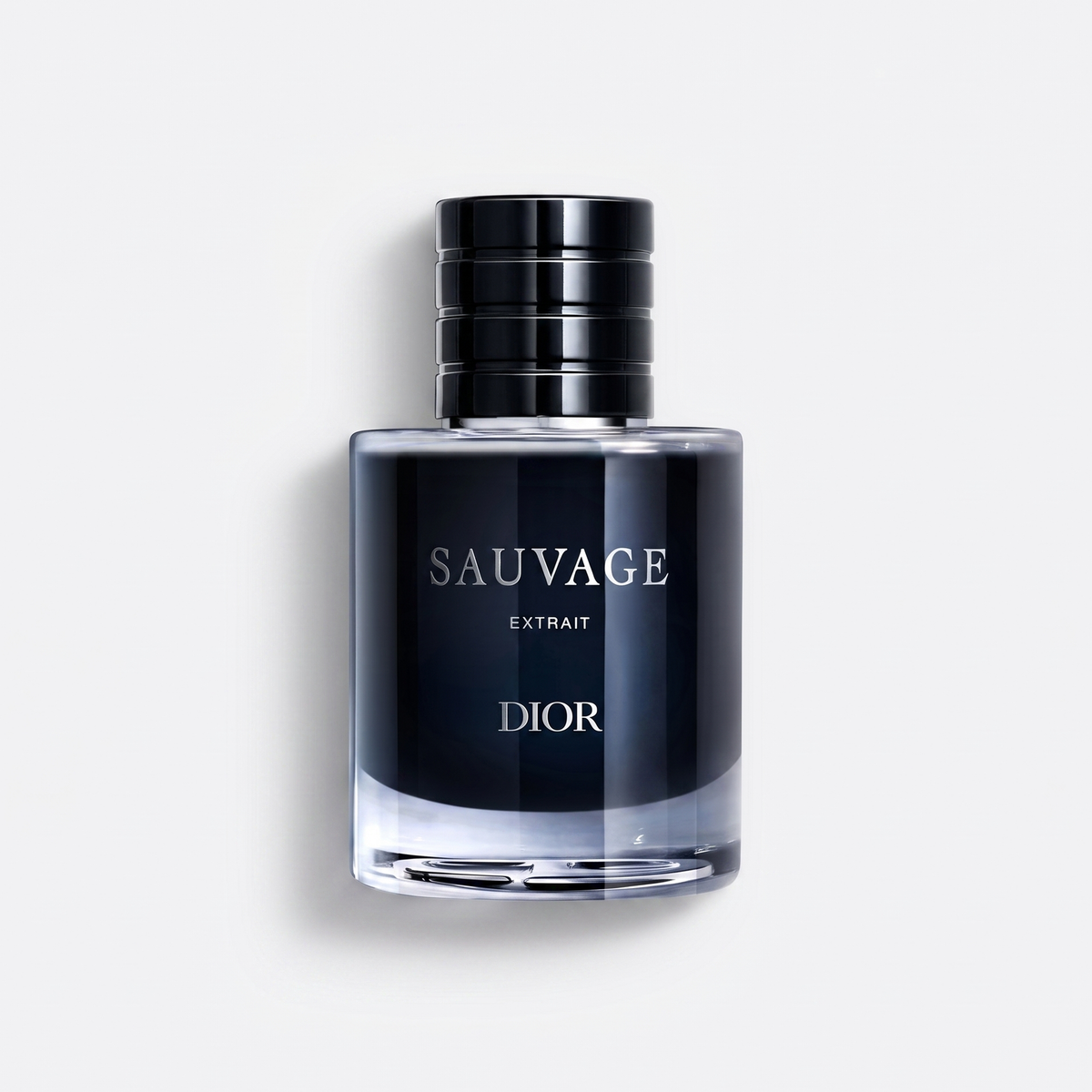 Bottle of Dior Sauvage Extrait fragrance on a white background with soft shadow