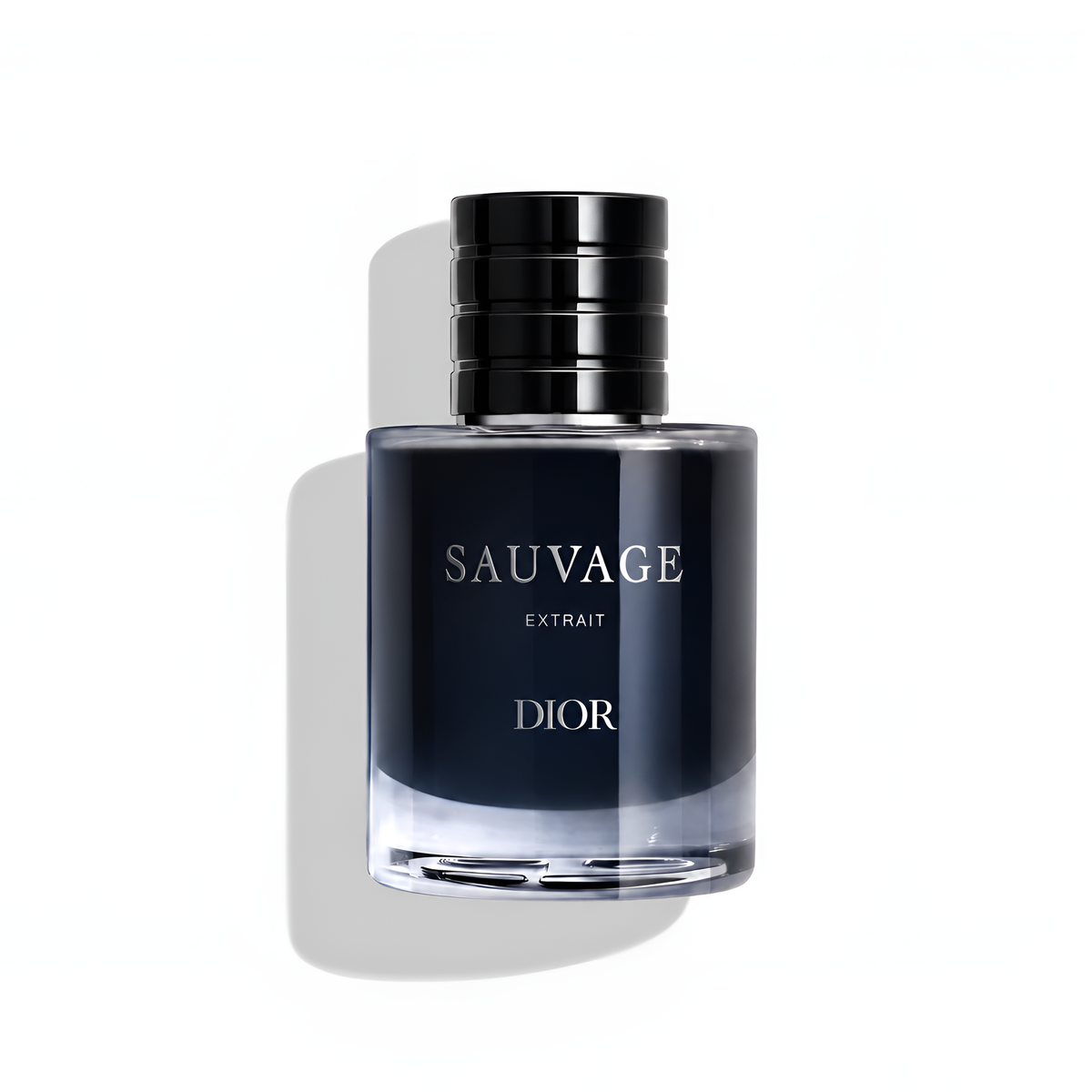 Bottle of Dior Sauvage Extrait fragrance on a white background with soft shadow