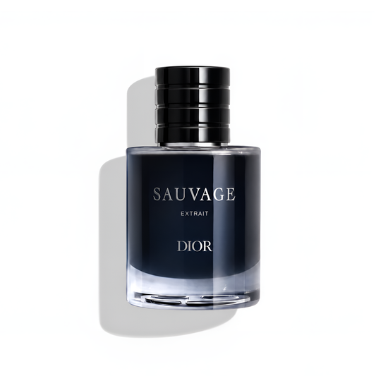 Bottle of Dior Sauvage Extrait fragrance on a white background with soft shadow