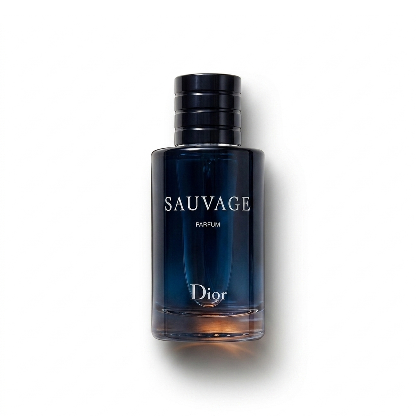 Bottle of Dior Sauvage Parfum fragrance on a white background with soft shadow