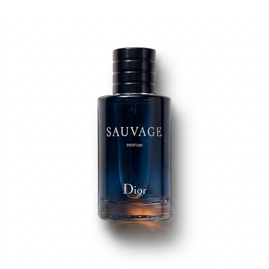 Bottle of Dior Sauvage Parfum fragrance on a white background with soft shadow
