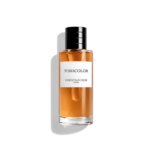 Bottle of Dior Tobacolor EDP fragrance on a white background with soft shadow
