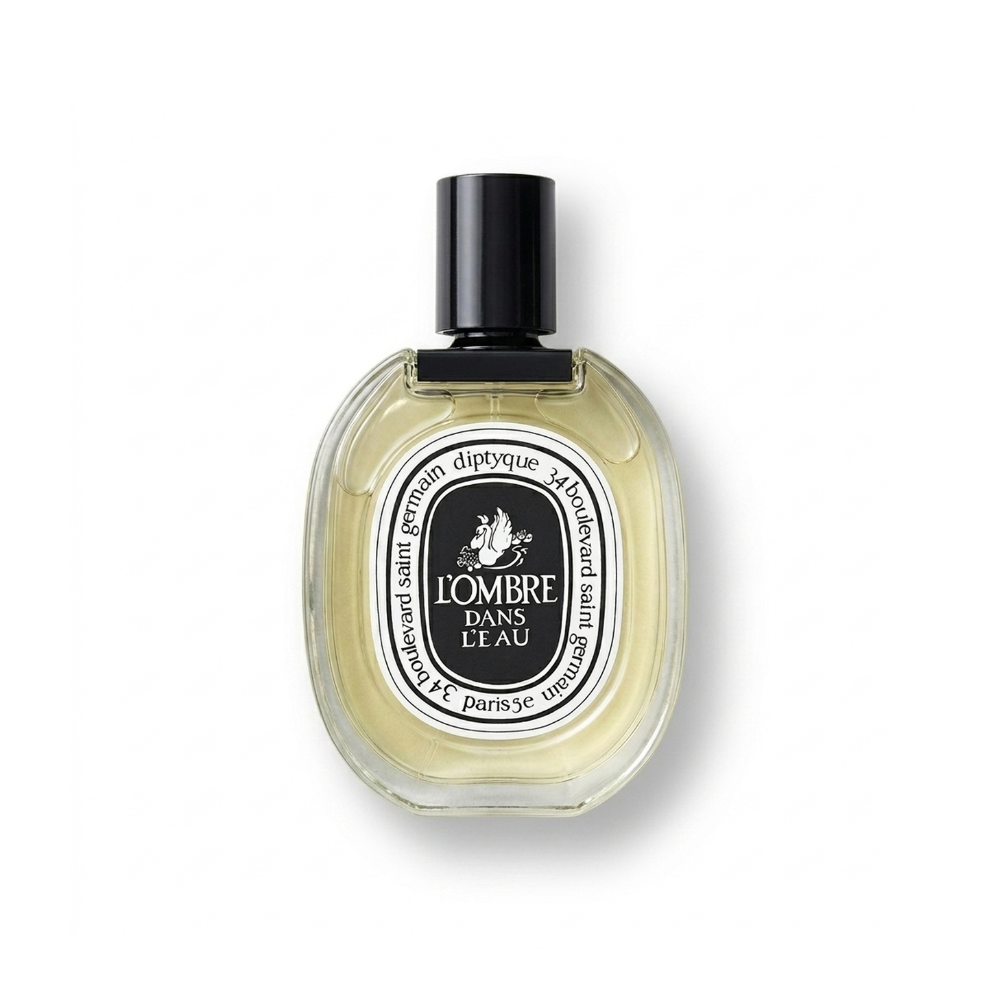 Bottle of Diptyque L'Ombre Dans L'Eau EDT EDT fragrance on a white background with soft shadow