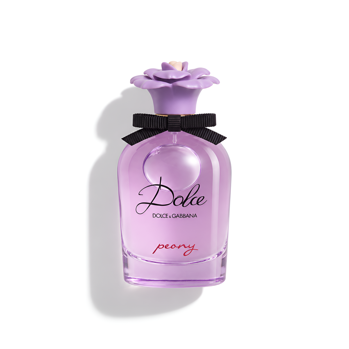 Bottle of Dolce Peony EDP fragrance on a white background with soft shadow