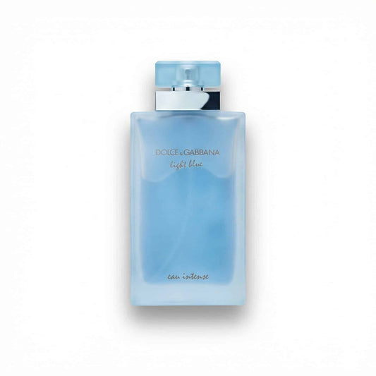 Bottle of Dolce & Gabbana Light Blue Eau Intense For Her EDP fragrance on a white background with soft shadow