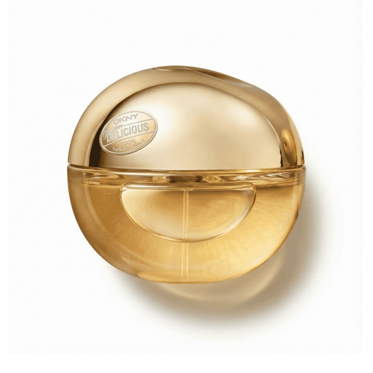 Bottle of Donna Karan New York Golden Delicious EDP fragrance on a white background with soft shadow