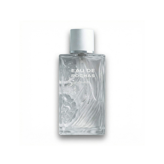 Bottle of Eau de Rochas EDT fragrance on a white background with soft shadow