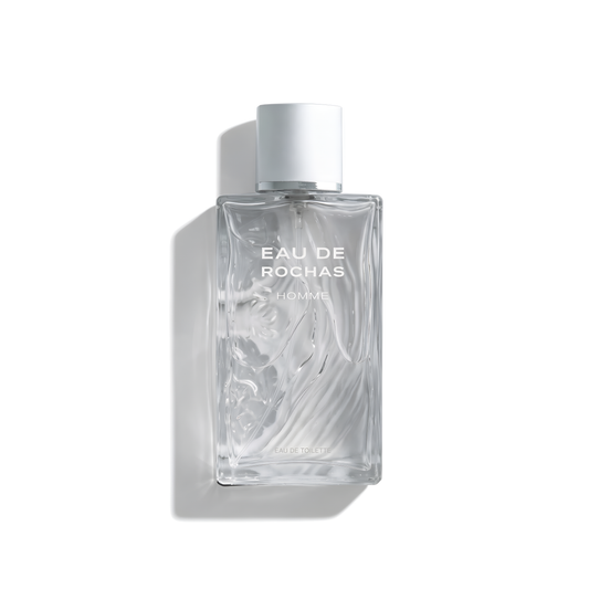 Bottle of Eau de Rochas EDT fragrance on a white background with soft shadow