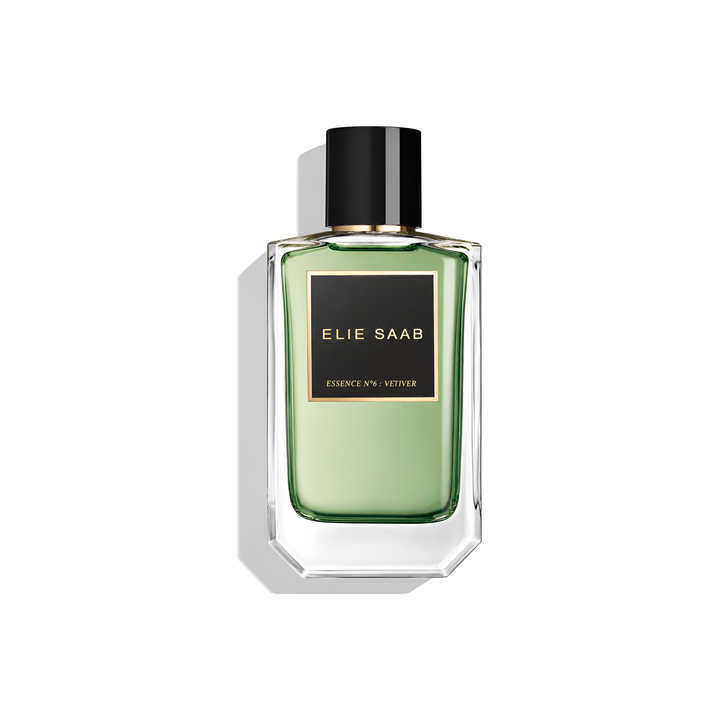 Bottle of Elie Saab Essence No. 6 Vetiver EDP fragrance on a white background with soft shadow