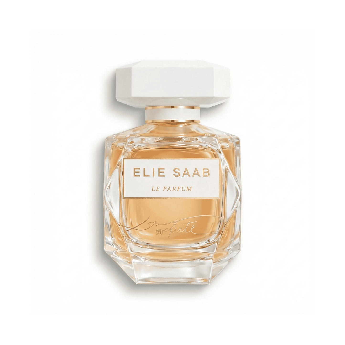 Bottle of Elie Saab Le Parfum in White EDP fragrance on a white background with soft shadow