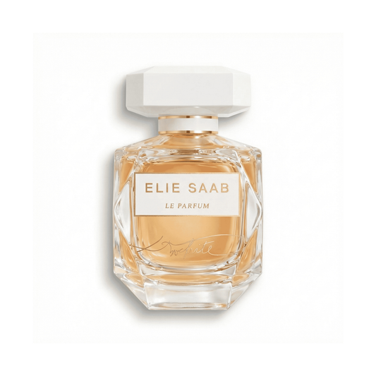 Bottle of Elie Saab Le Parfum in White EDP fragrance on a white background with soft shadow