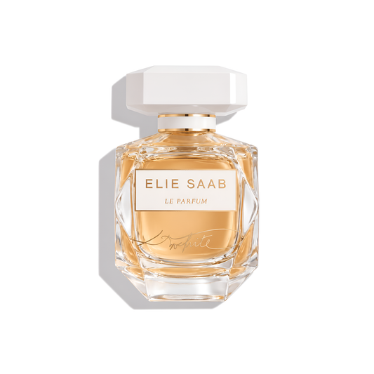 Bottle of Elie Saab Le Parfum in White fragrance on a white background with soft shadow