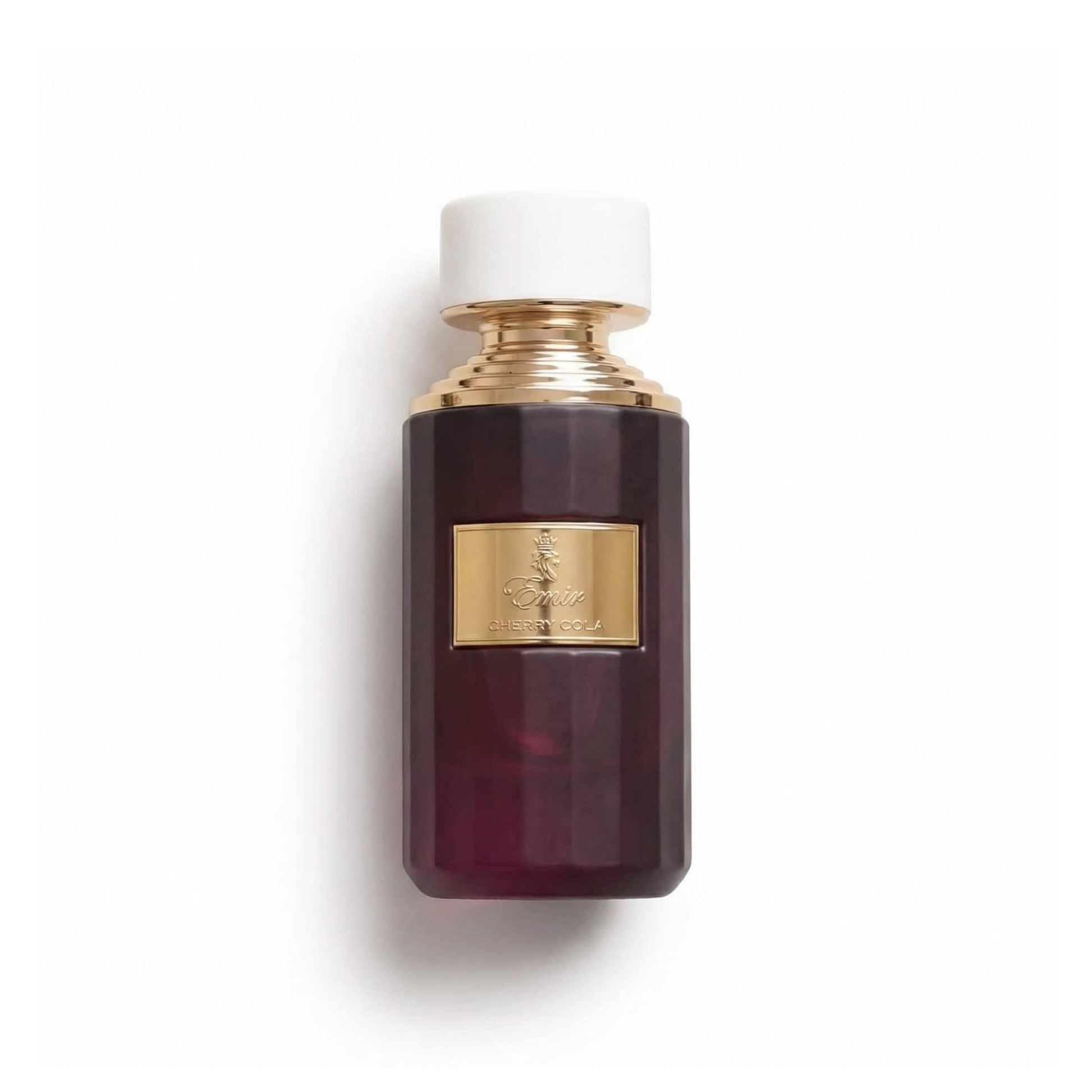 Bottle of Emir Cherry Cola EDP fragrance on a white background with soft shadow