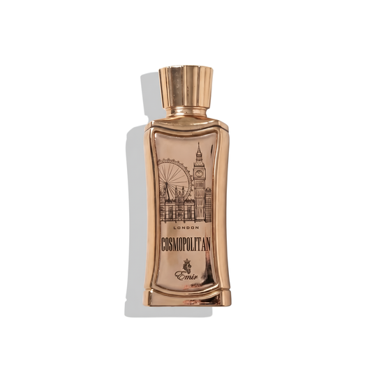 Bottle of Emir London Cosmopolitan EDP fragrance on a white background with soft shadow