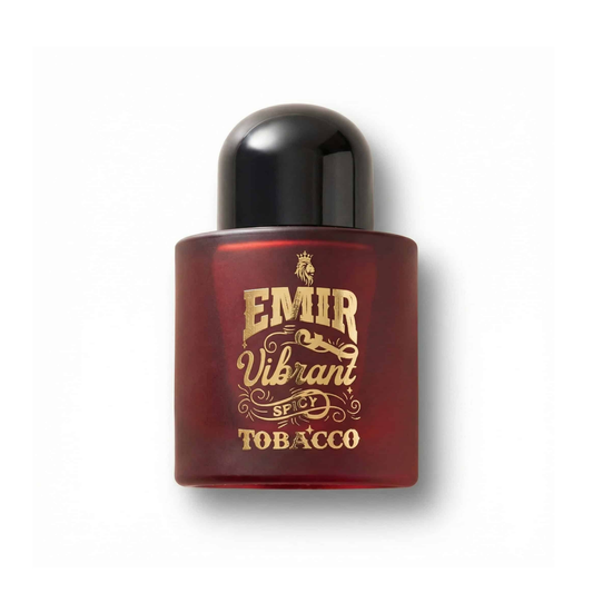 Bottle of Emir Vibrant Spicy Tobacco EDP fragrance on a white background with soft shadow