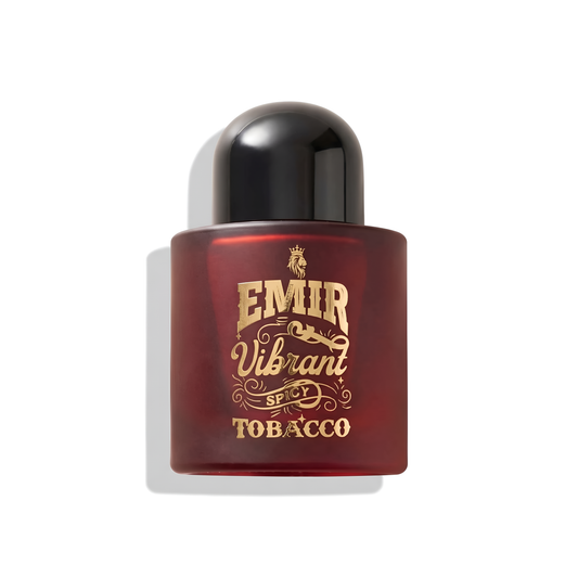 Bottle of Emir Vibrant Spicy Tobacco EDP fragrance on a white background with soft shadow