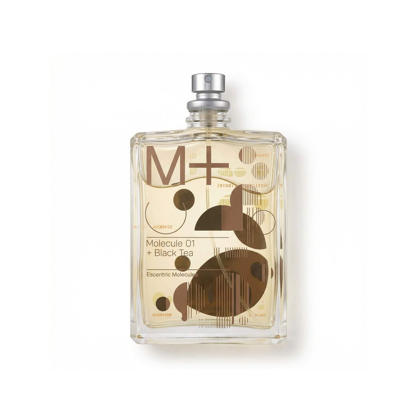 Bottle of Escentric Molecule 01 + Black Tea EDP fragrance on a white background with soft shadow