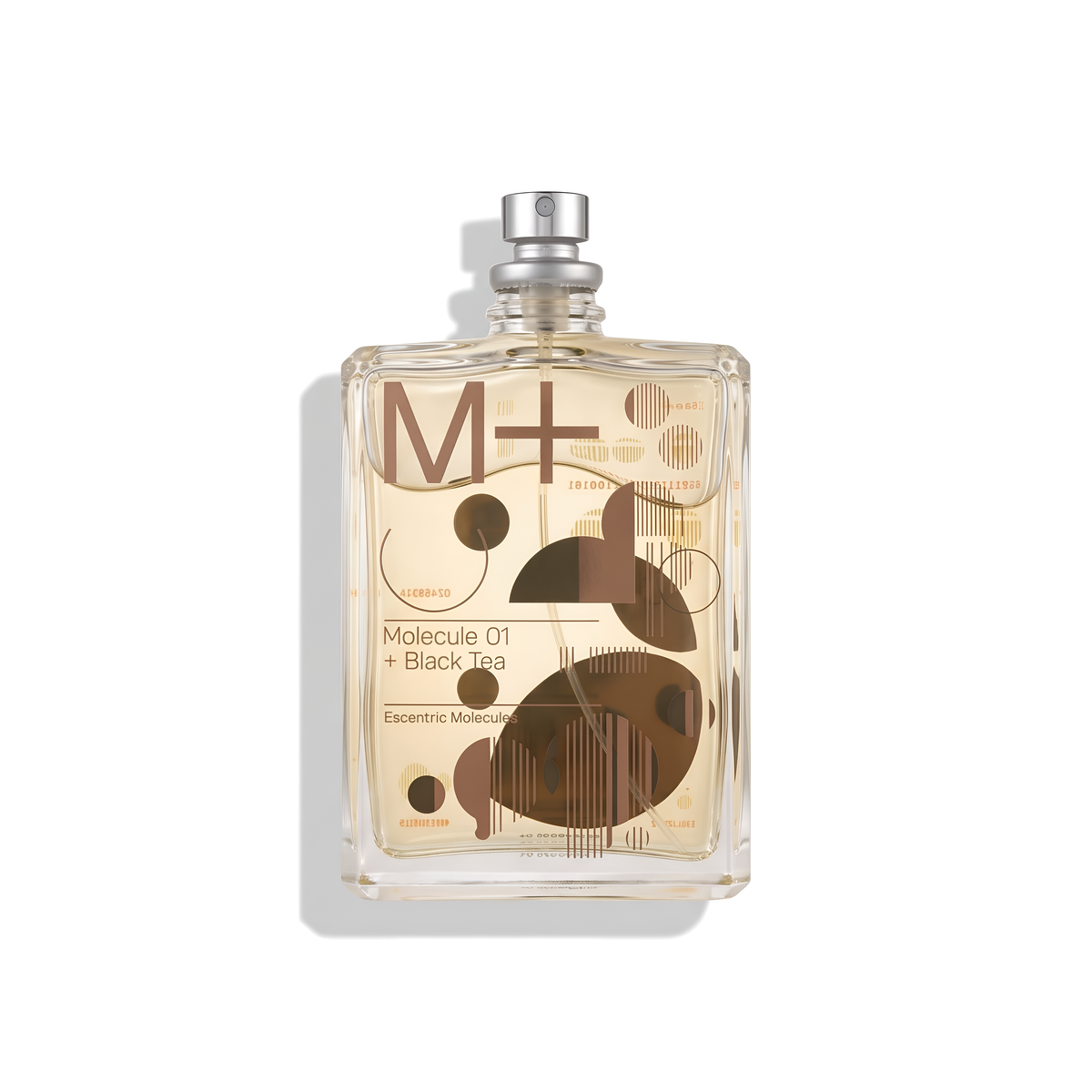 Bottle of Escentric Molecule 01 + Black Tea EDT fragrance on a white background with soft shadow