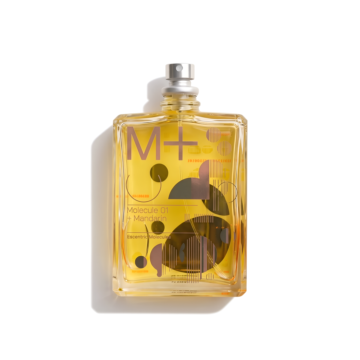 Bottle of Escentric Molecule 01 + Mandarin EDT fragrance on a white background with soft shadow