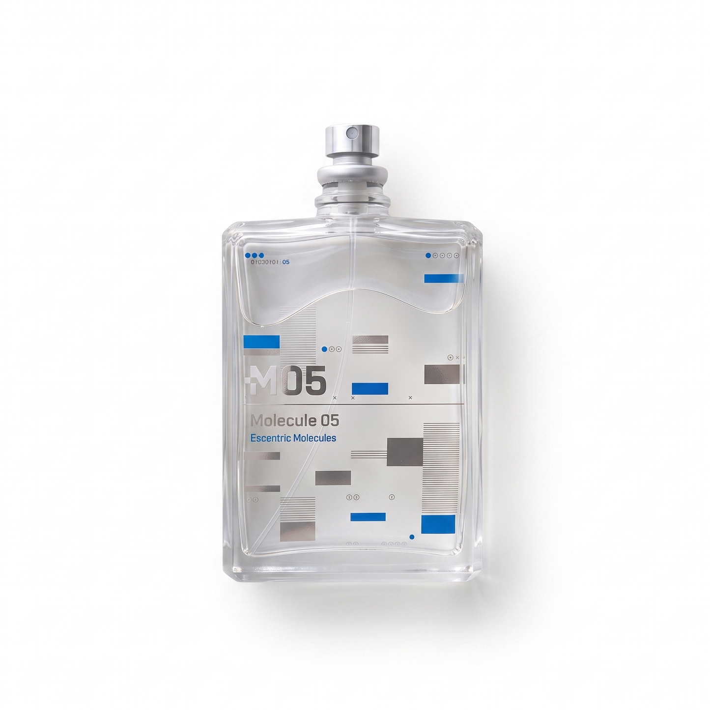 Bottle of Escentric Molecule 05 EDT fragrance on a white background with soft shadow