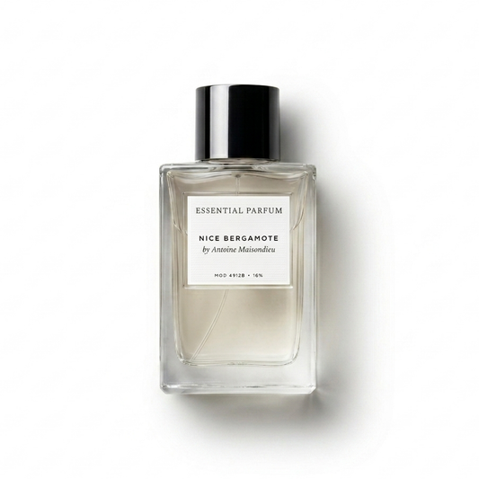 Bottle of Essential Parfums Nice Bergamote EDP fragrance on a white background with soft shadow