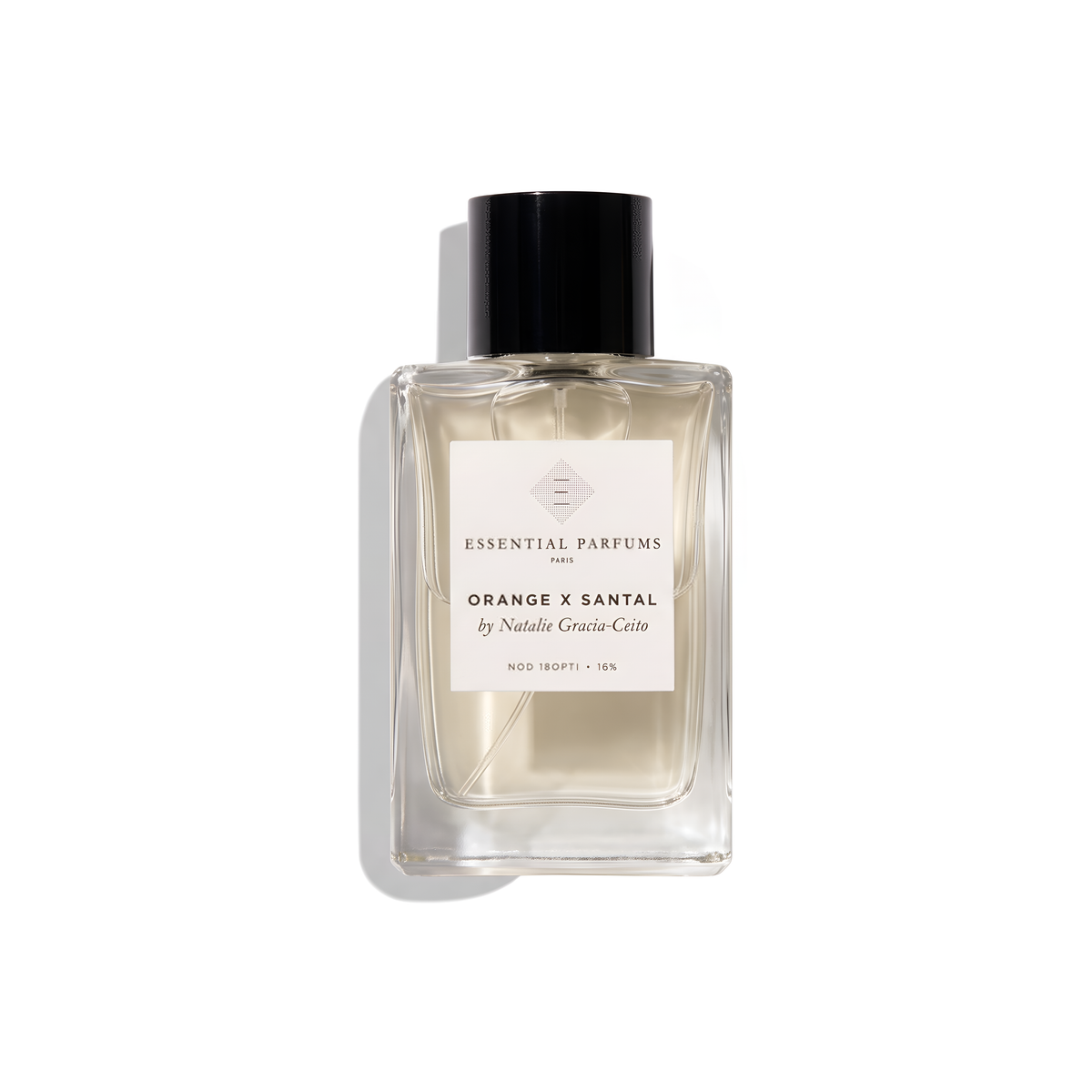 Bottle of Essential Parfums Orange x Santal EDP fragrance on a white background with soft shadow