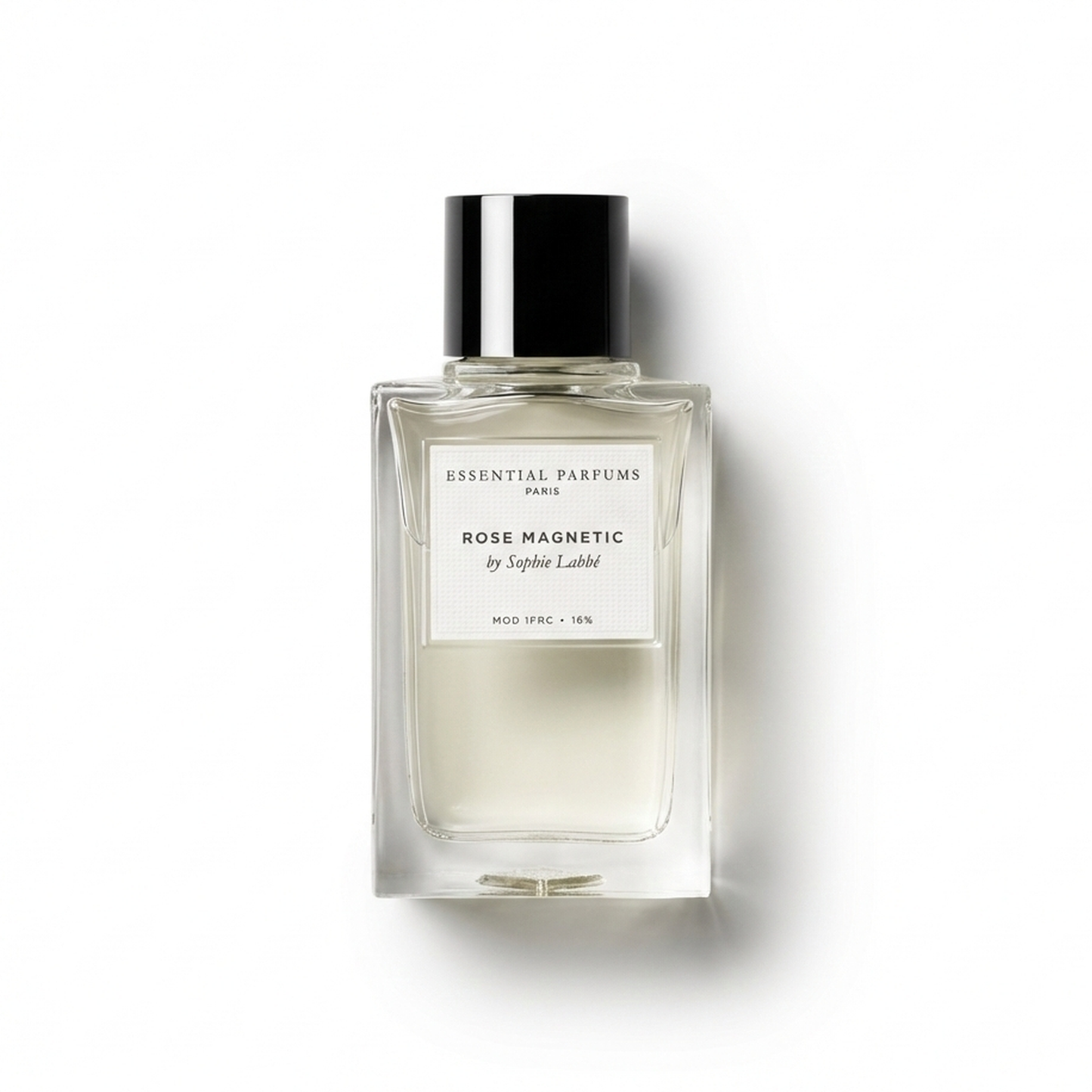 Bottle of Essential Parfums Rose Magnetic EDP fragrance on a white background with soft shadow
