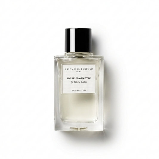 Bottle of Essential Parfums Rose Magnetic EDP fragrance on a white background with soft shadow