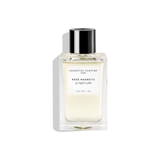 Bottle of Essential Parfums Rose Magnetic EDP fragrance on a white background with soft shadow