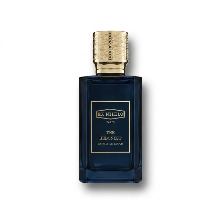 Bottle of Ex Nihilo The Hedonist Extrait fragrance on a white background with soft shadow