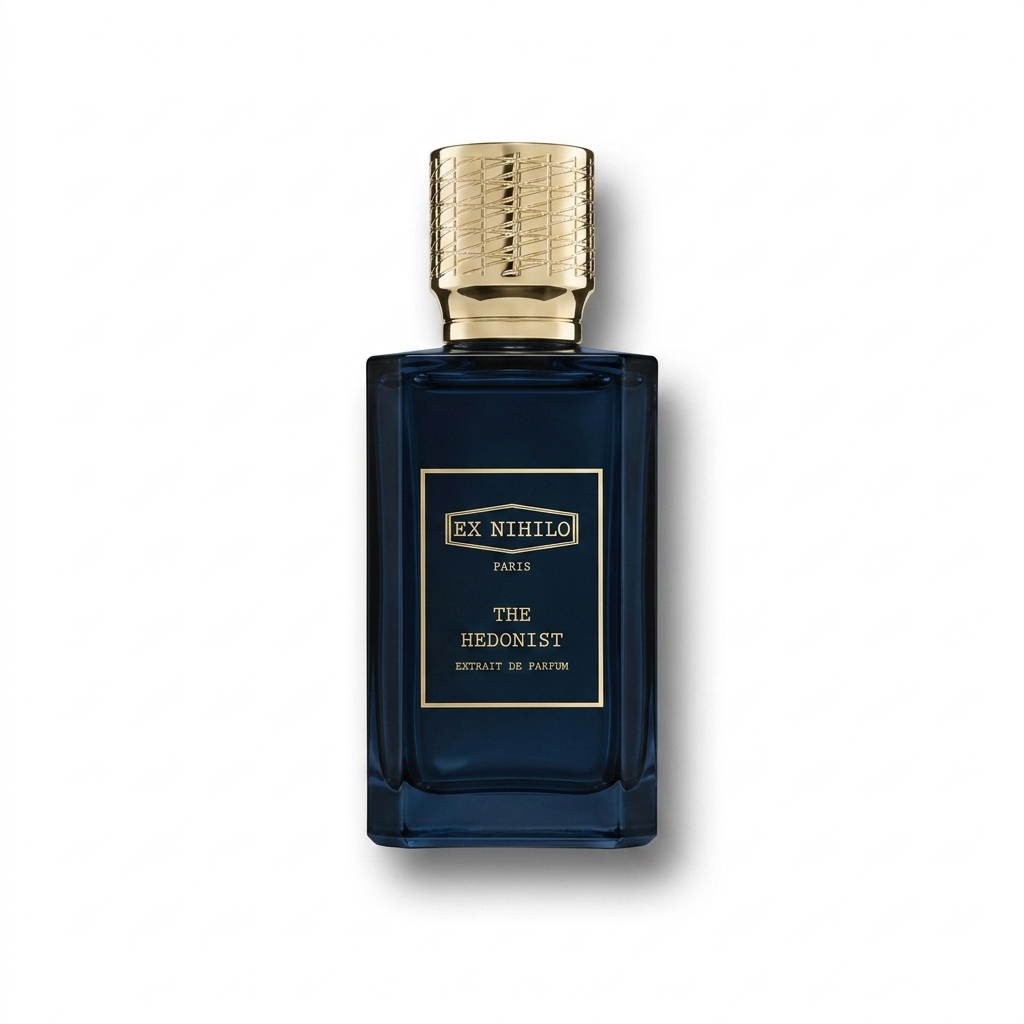 Bottle of Ex Nihilo The Hedonist Extrait fragrance on a white background with soft shadow