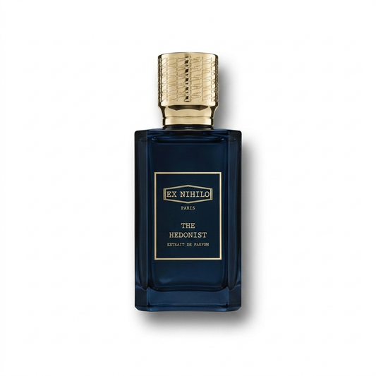 Bottle of Ex Nihilo The Hedonist Extrait fragrance on a white background with soft shadow