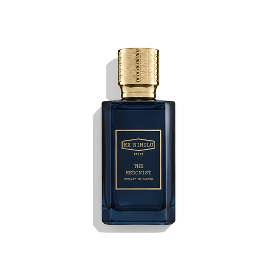 Bottle of Ex Nihilo The Hedonist Extrait fragrance on a white background with soft shadow