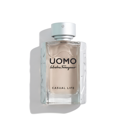 Bottle of Ferragamo Casual Life EDT fragrance on a white background with soft shadow