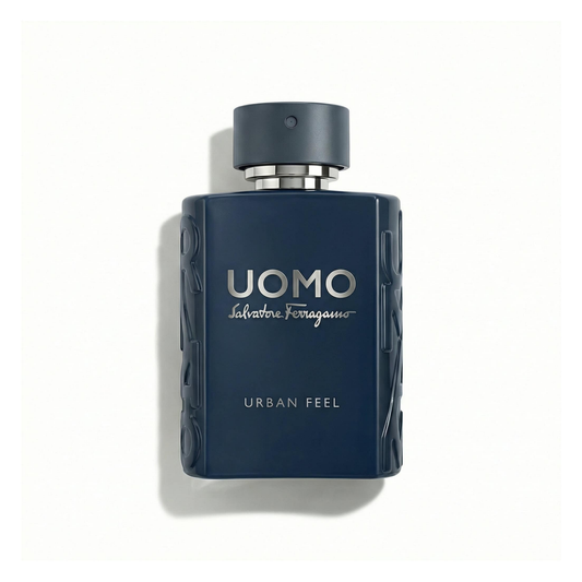 Bottle of Ferragamo Urban Feel EDT fragrance on a white background with soft shadow